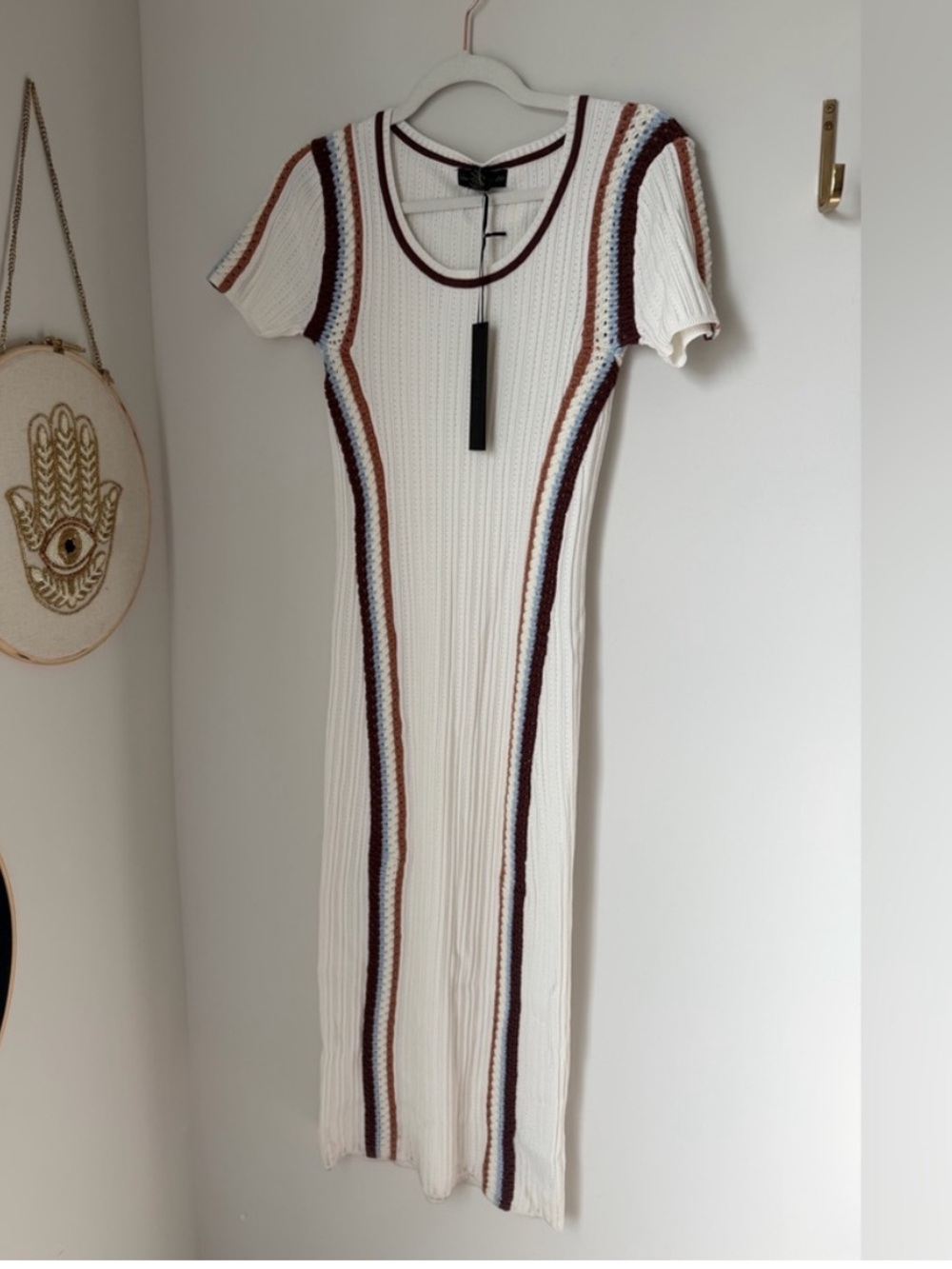House of Harlow 1960 Cream Ribbed Midi Dress with Burgundy & Navy Stripes